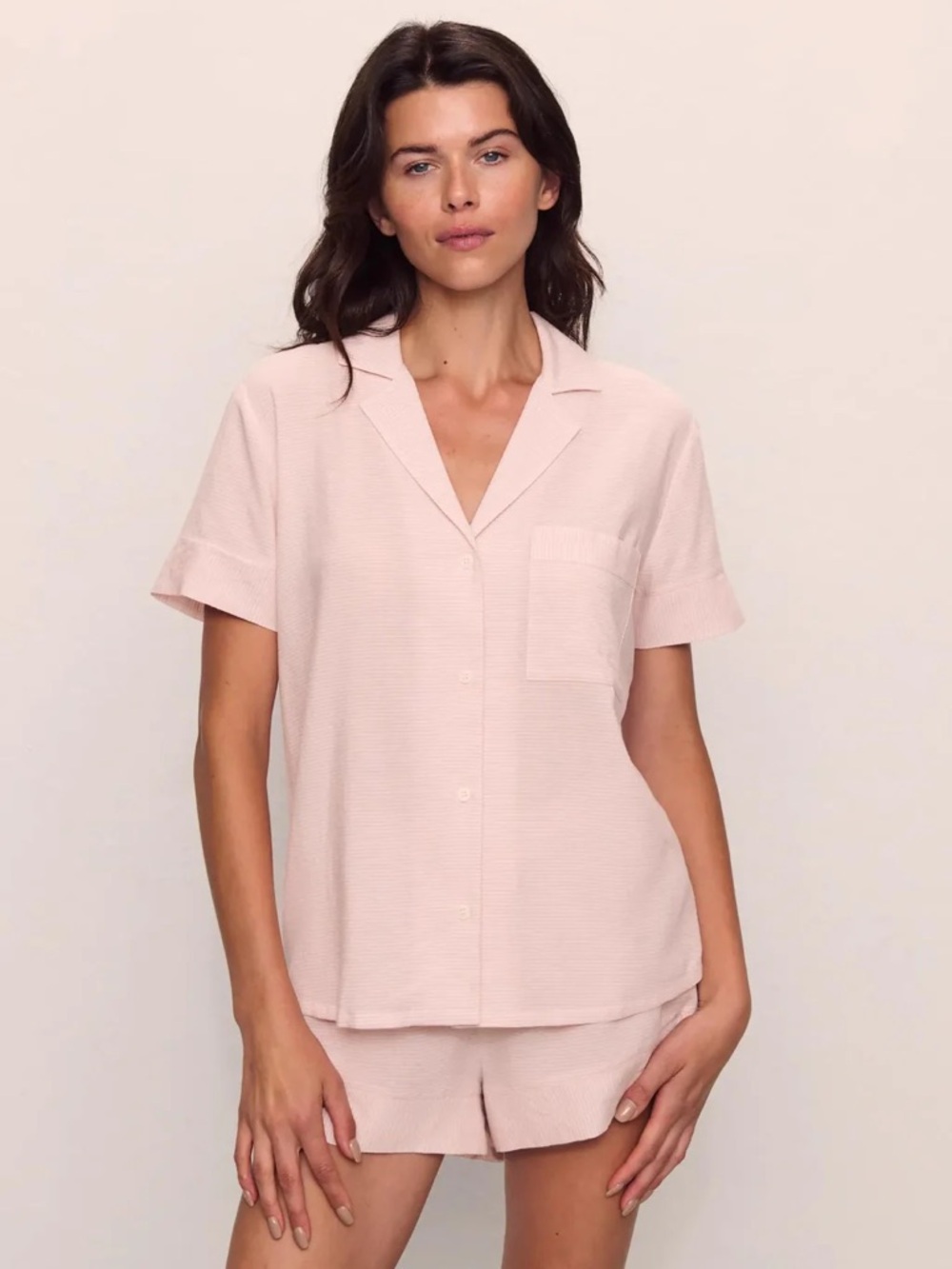 Eberjey Pale Pink Short-Sleeve Button-Down Top and shorts